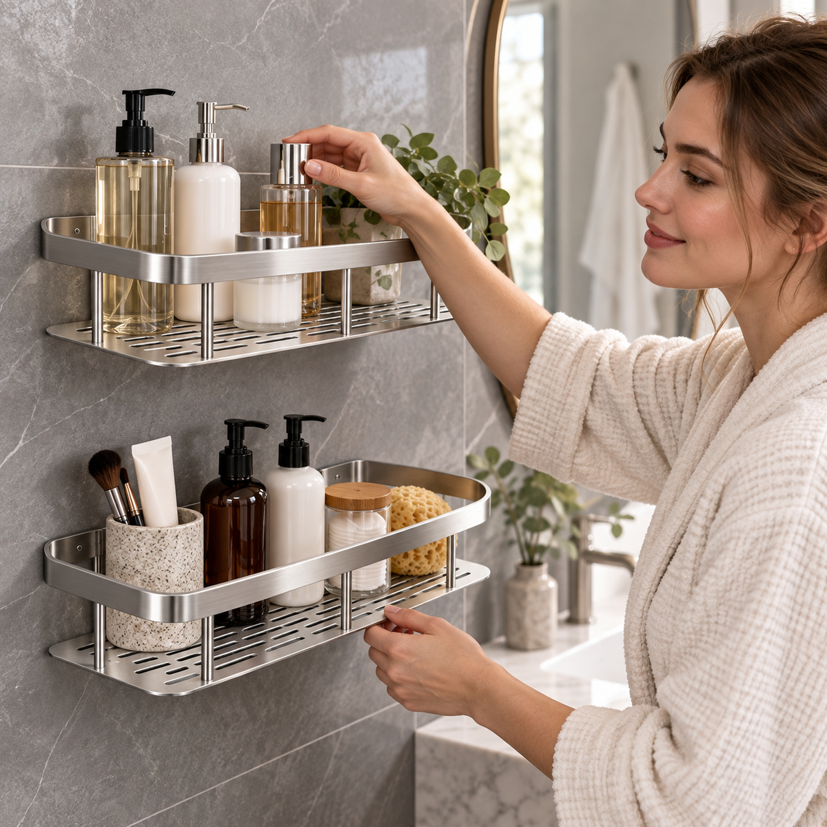 🚿 No-Drill Double Layer Shower Shelf | Stainless Steel Bathroom Organizer | Space-Saving Storage Rack