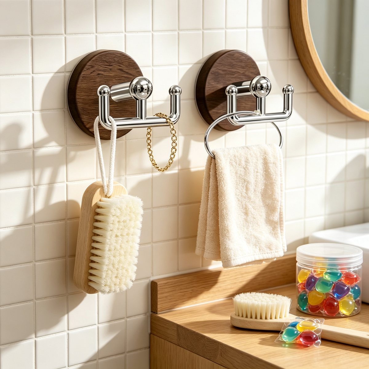 Suction Cup Double Hook | Wood-Grain Accent | No-Drill Bathroom Storage