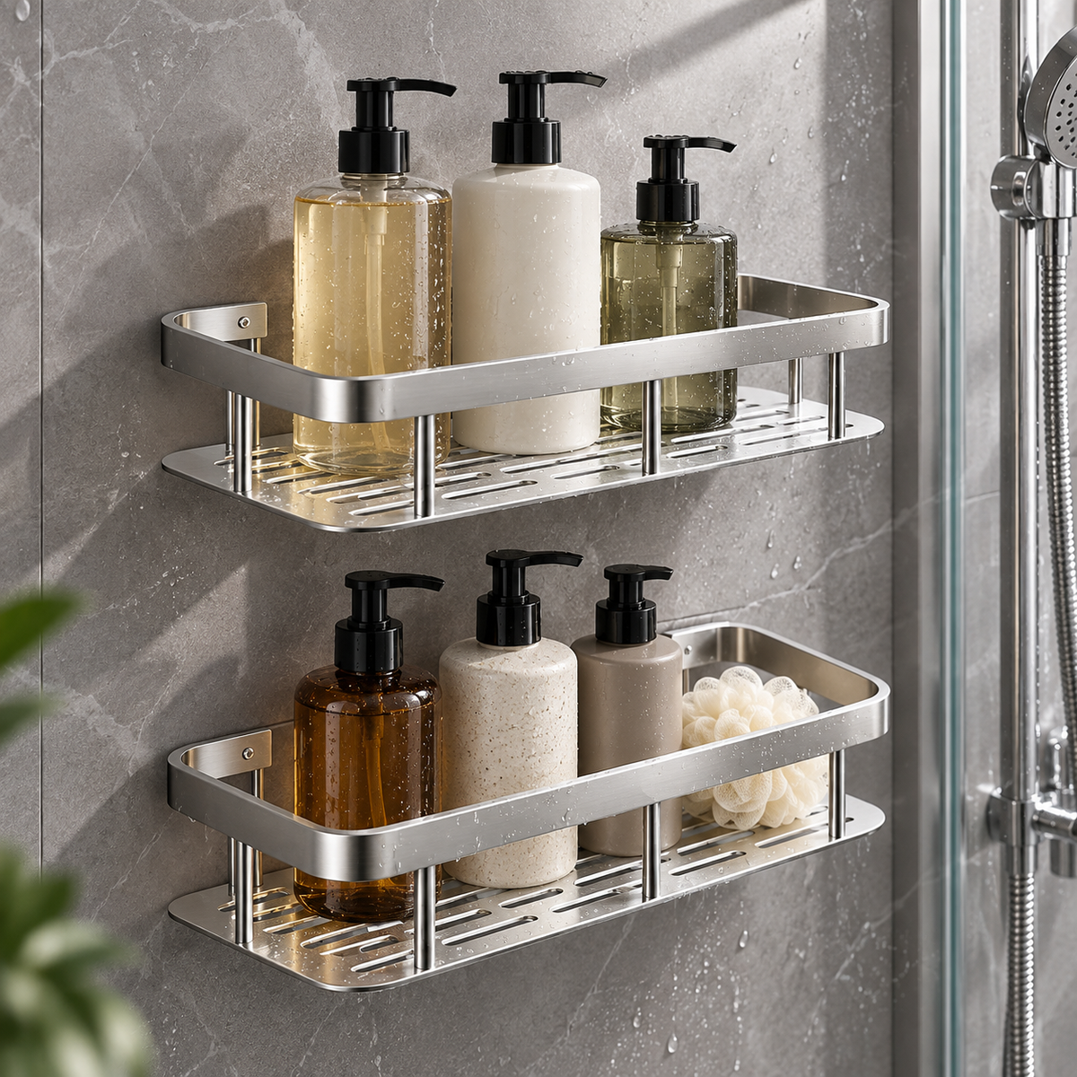 🚿 No-Drill Double Layer Shower Shelf | Stainless Steel Bathroom Organizer | Space-Saving Storage Rack