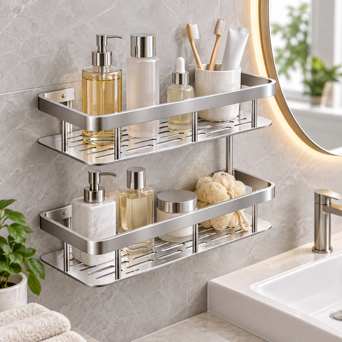 🚿 No-Drill Double Layer Shower Shelf | Stainless Steel Bathroom Organizer | Space-Saving Storage Rack