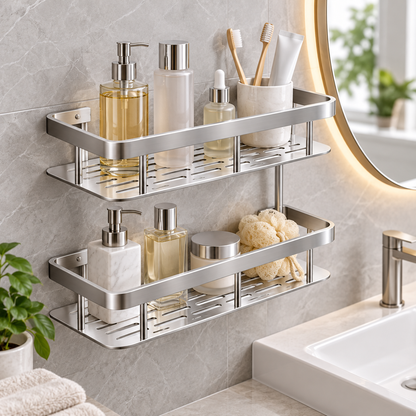 🚿 No-Drill Double Layer Shower Shelf | Stainless Steel Bathroom Organizer | Space-Saving Storage Rack