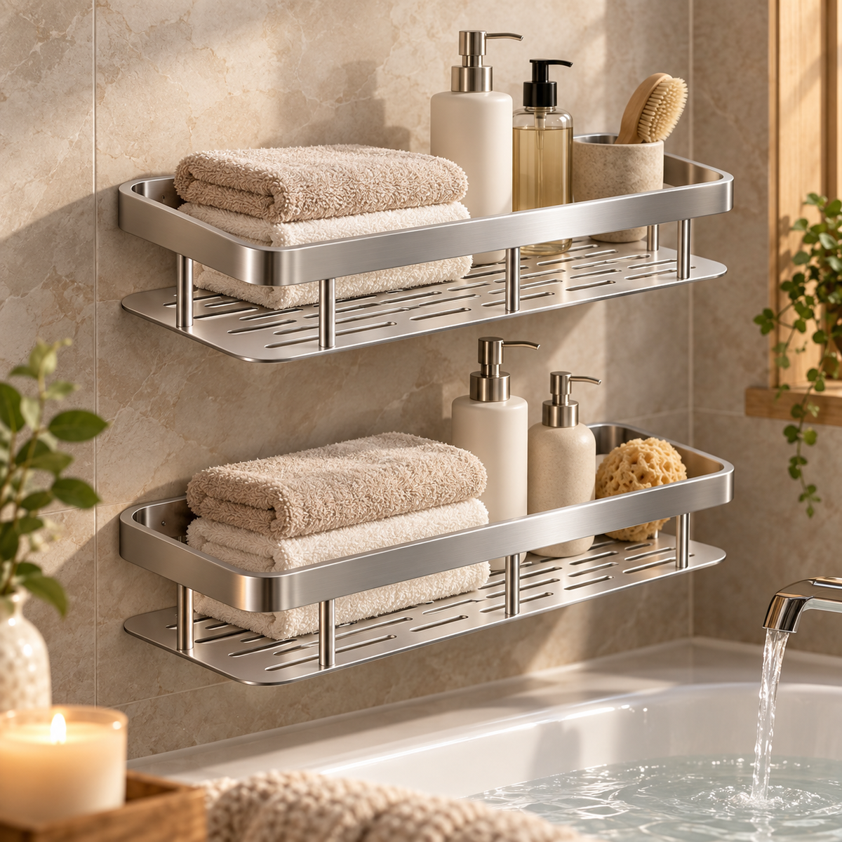 🚿 No-Drill Double Layer Shower Shelf | Stainless Steel Bathroom Organizer | Space-Saving Storage Rack