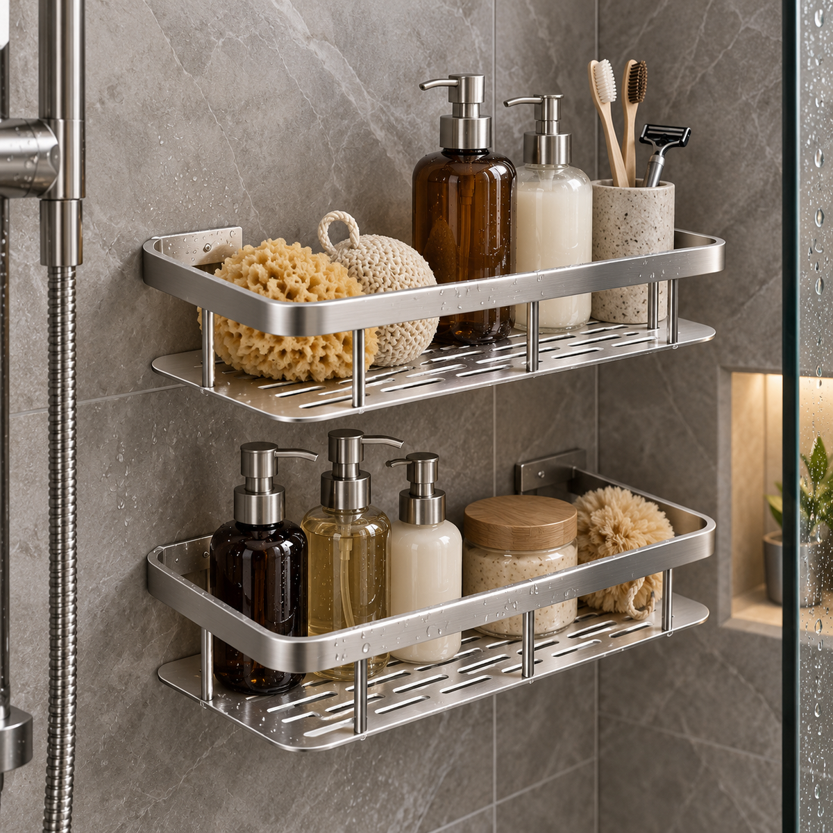 🚿 No-Drill Double Layer Shower Shelf | Stainless Steel Bathroom Organizer | Space-Saving Storage Rack