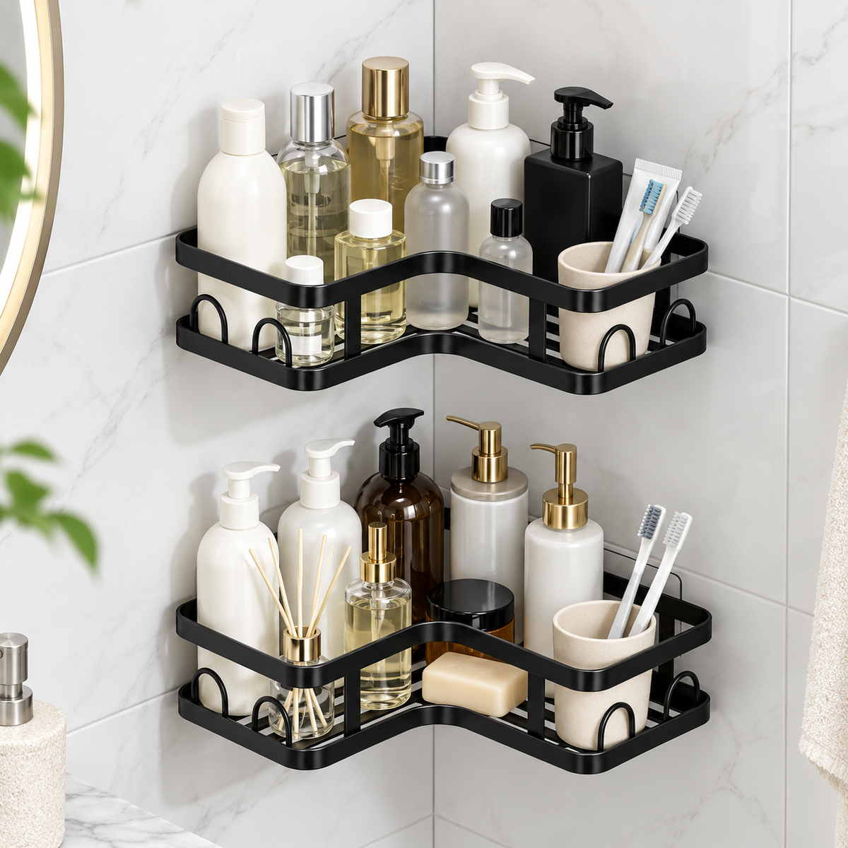 🖤 Corner Shower Caddy | Double Layer Bathroom Organizer | No-Drill Space-Saving Storage Shelf