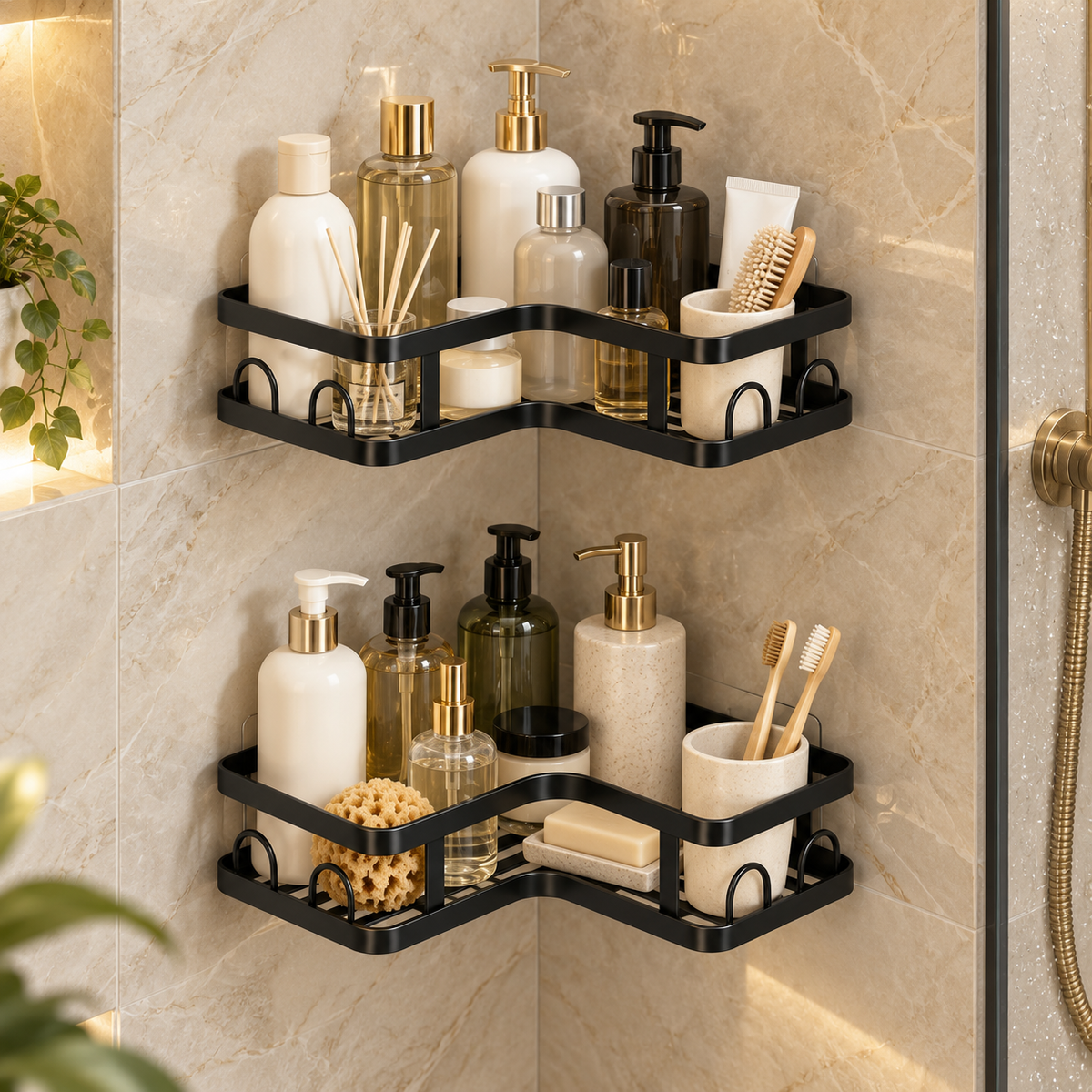 🖤 Corner Shower Caddy | Double Layer Bathroom Organizer | No-Drill Space-Saving Storage Shelf