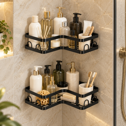 🖤 Corner Shower Caddy | Double Layer Bathroom Organizer | No-Drill Space-Saving Storage Shelf