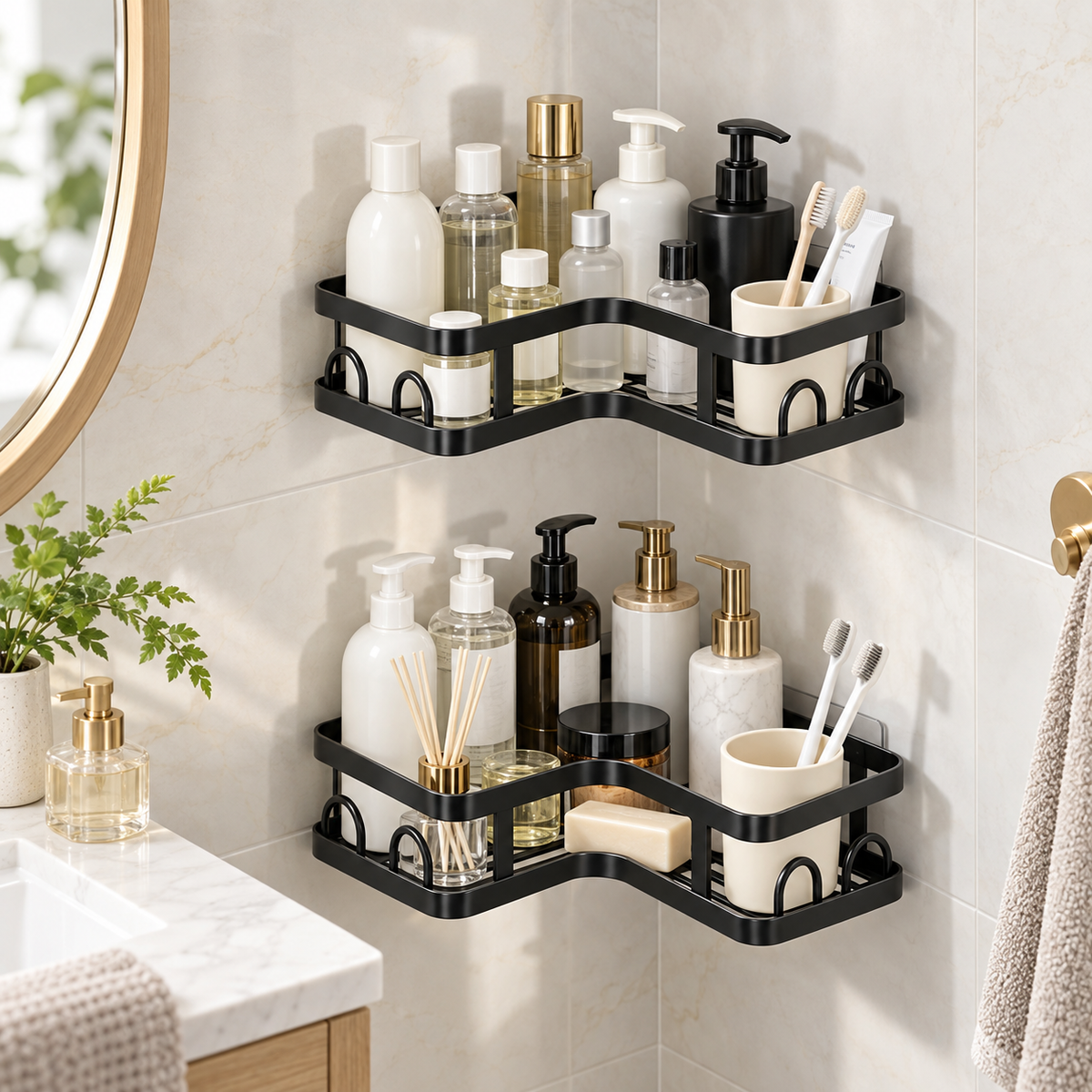 🖤 Corner Shower Caddy | Double Layer Bathroom Organizer | No-Drill Space-Saving Storage Shelf