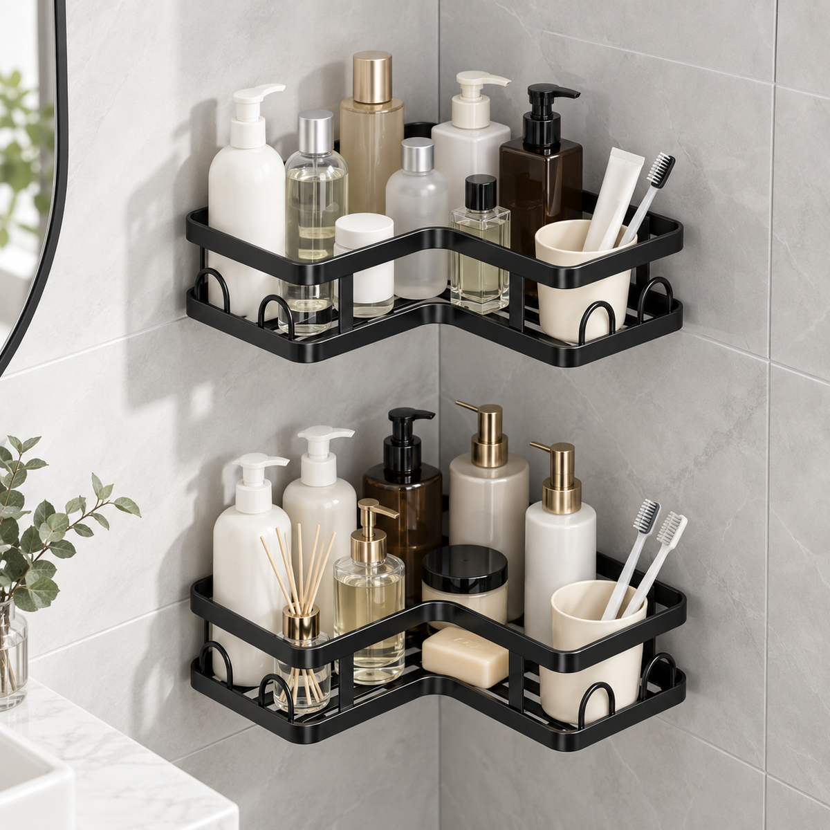 🖤 Corner Shower Caddy | Double Layer Bathroom Organizer | No-Drill Space-Saving Storage Shelf