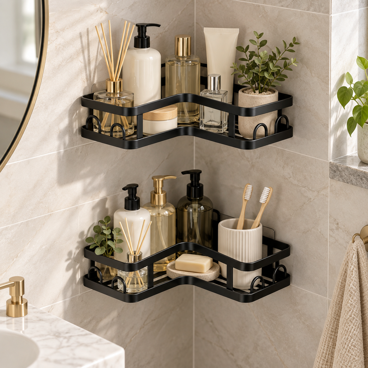 🖤 Corner Shower Caddy | Double Layer Bathroom Organizer | No-Drill Space-Saving Storage Shelf