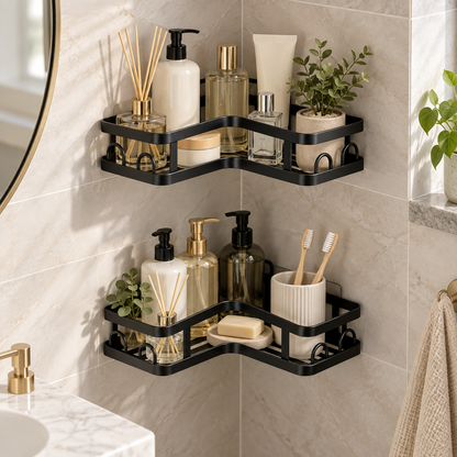 🖤 Corner Shower Caddy | Double Layer Bathroom Organizer | No-Drill Space-Saving Storage Shelf
