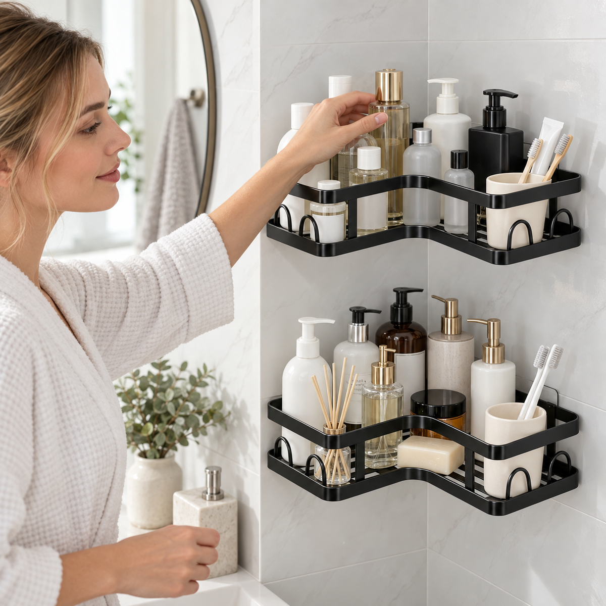 🖤 Corner Shower Caddy | Double Layer Bathroom Organizer | No-Drill Space-Saving Storage Shelf