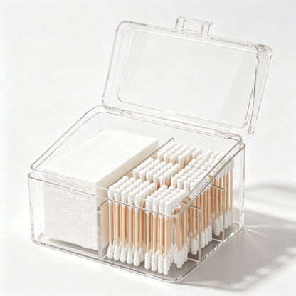 🧴 Cotton Swab Organizer | Clear Divided Storage | Dust-Proof Beauty Box