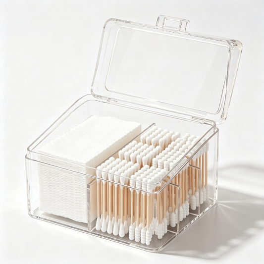 🧴 Cotton Swab Organizer | Clear Divided Storage | Dust-Proof Beauty Box