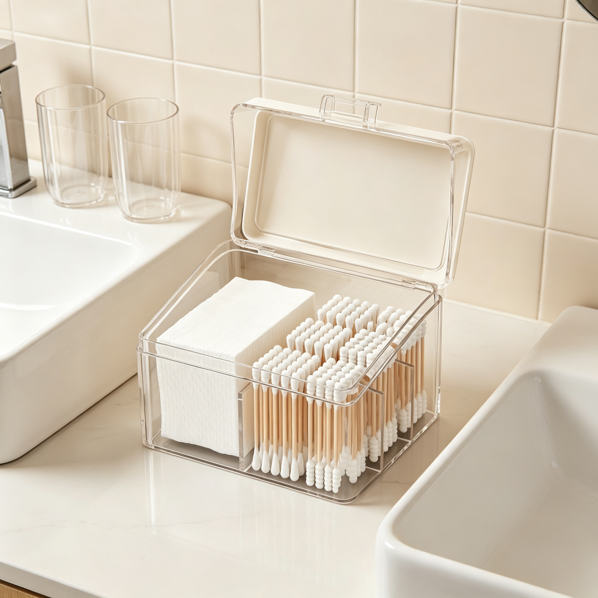 🧴 Cotton Swab Organizer | Clear Divided Storage | Dust-Proof Beauty Box