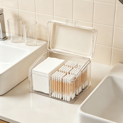 🧴 Cotton Swab Organizer | Clear Divided Storage | Dust-Proof Beauty Box