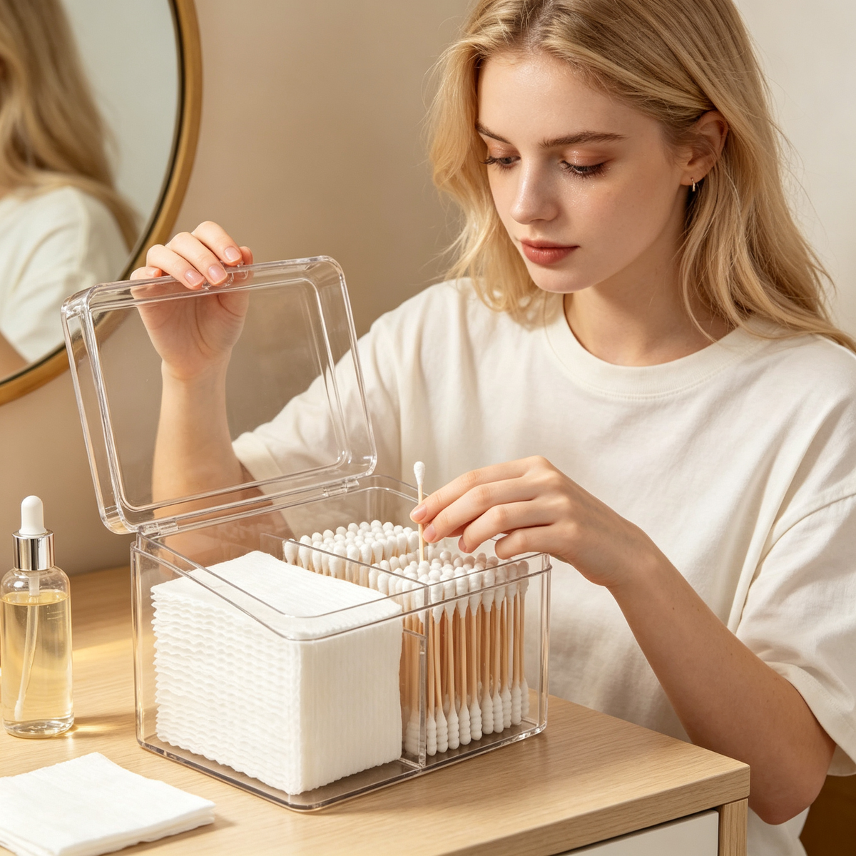 🧴 Cotton Swab Organizer | Clear Divided Storage | Dust-Proof Beauty Box