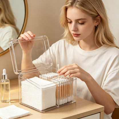 🧴 Cotton Swab Organizer | Clear Divided Storage | Dust-Proof Beauty Box