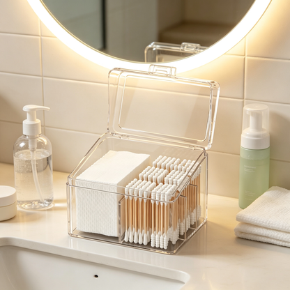 🧴 Cotton Swab Organizer | Clear Divided Storage | Dust-Proof Beauty Box