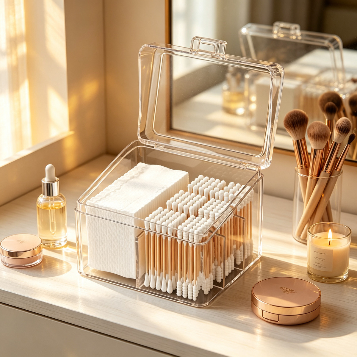 🧴 Cotton Swab Organizer | Clear Divided Storage | Dust-Proof Beauty Box
