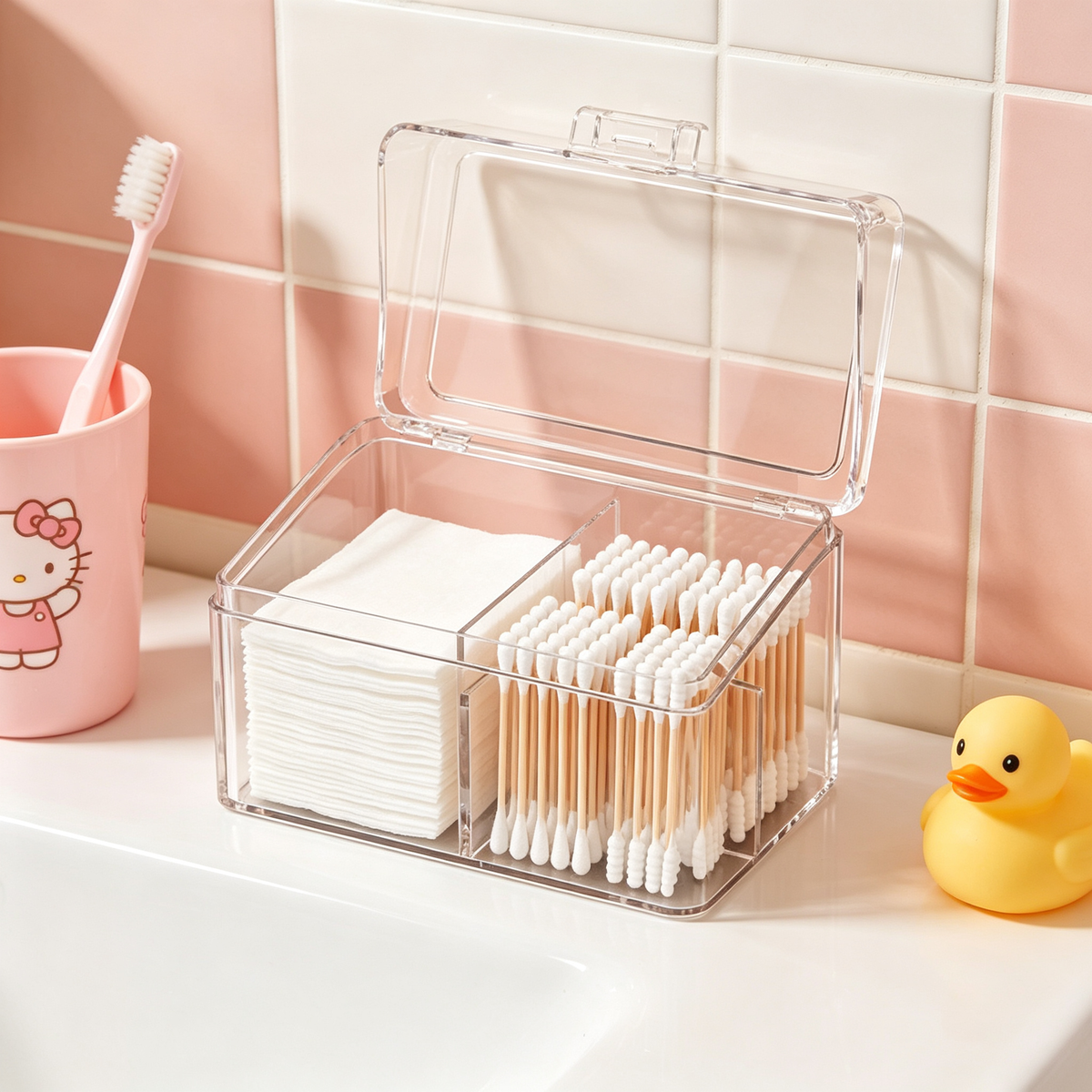 🧴 Cotton Swab Organizer | Clear Divided Storage | Dust-Proof Beauty Box