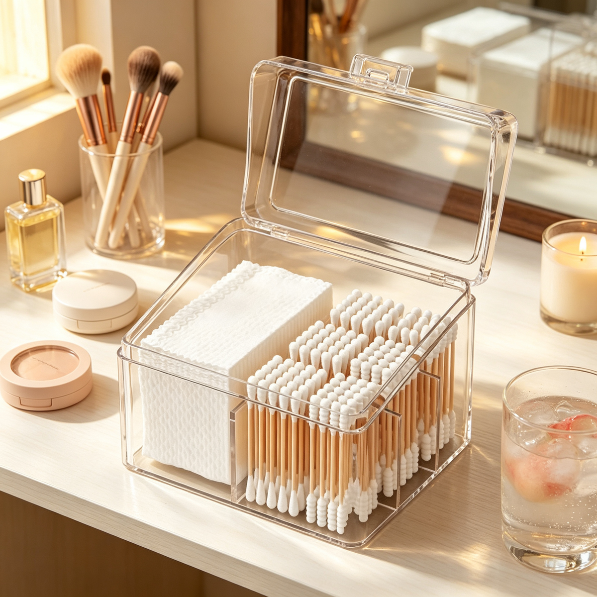 🧴 Cotton Swab Organizer | Clear Divided Storage | Dust-Proof Beauty Box