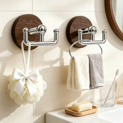Suction Cup Double Hook | Wood-Grain Accent | No-Drill Bathroom Storage