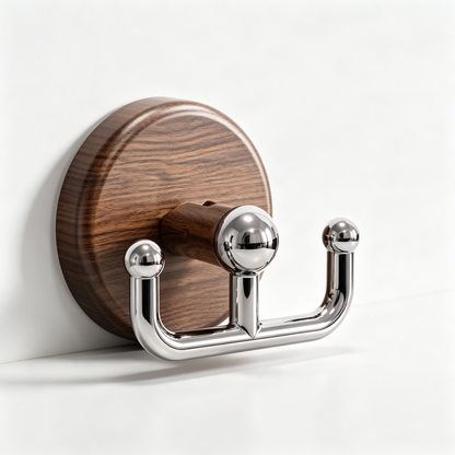 Suction Cup Double Hook | Wood-Grain Accent | No-Drill Bathroom Storage