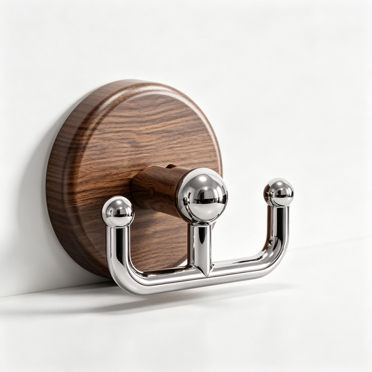 Suction Cup Double Hook | Wood-Grain Accent | No-Drill Bathroom Storage