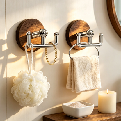 Suction Cup Double Hook | Wood-Grain Accent | No-Drill Bathroom Storage