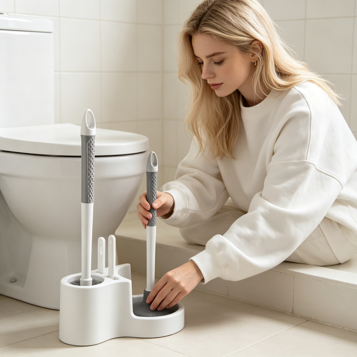 🧼 Toilet Cleaning Set | Brush & Plunger Station | Compact Bathroom Organizer