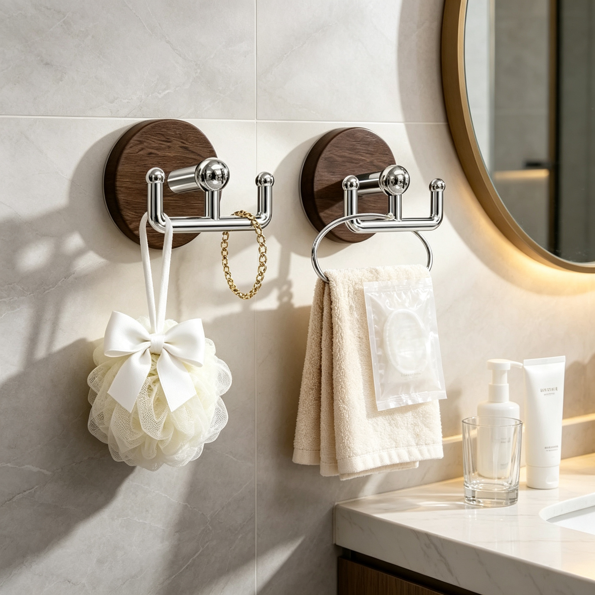 Suction Cup Double Hook | Wood-Grain Accent | No-Drill Bathroom Storage