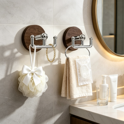 Suction Cup Double Hook | Wood-Grain Accent | No-Drill Bathroom Storage