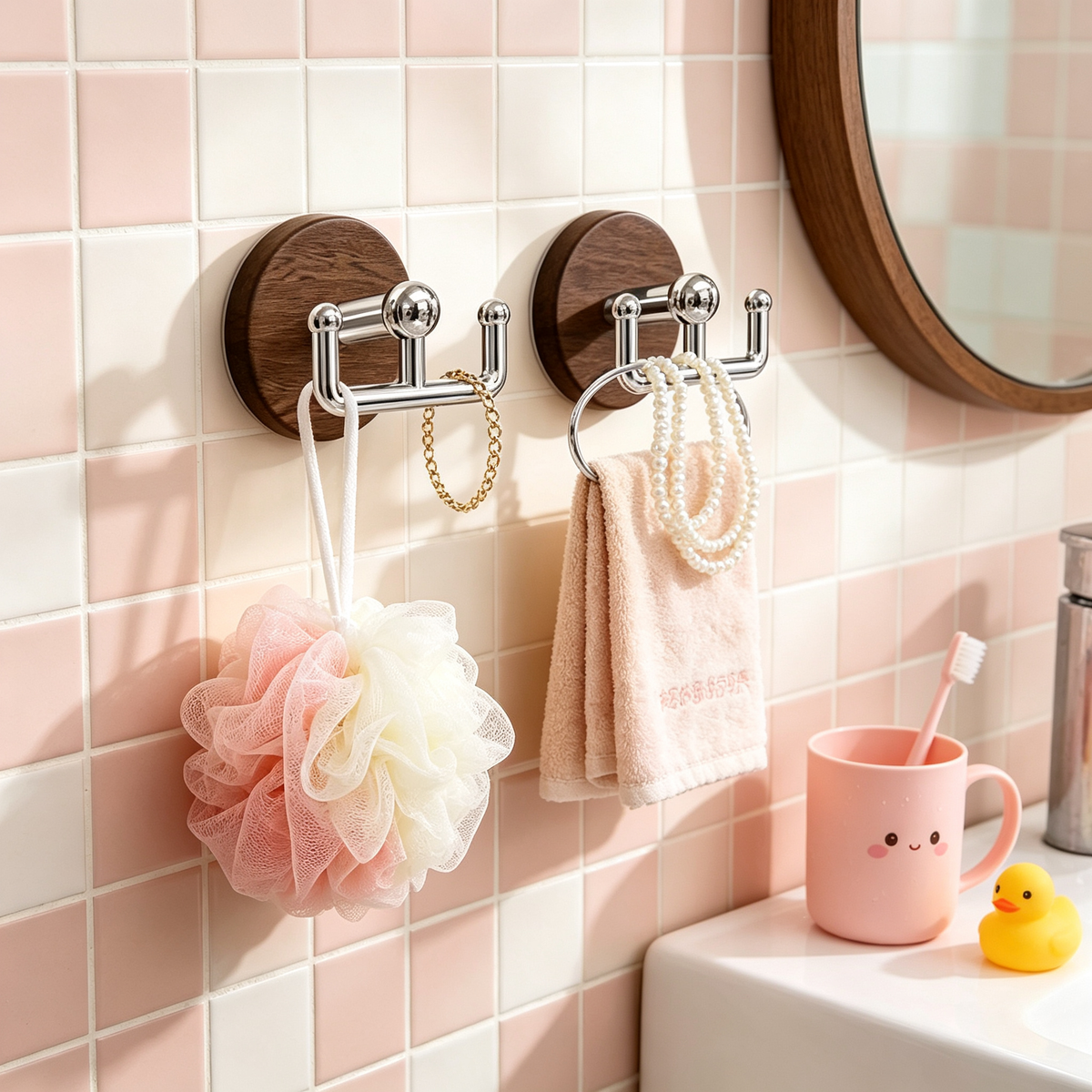 Suction Cup Double Hook | Wood-Grain Accent | No-Drill Bathroom Storage