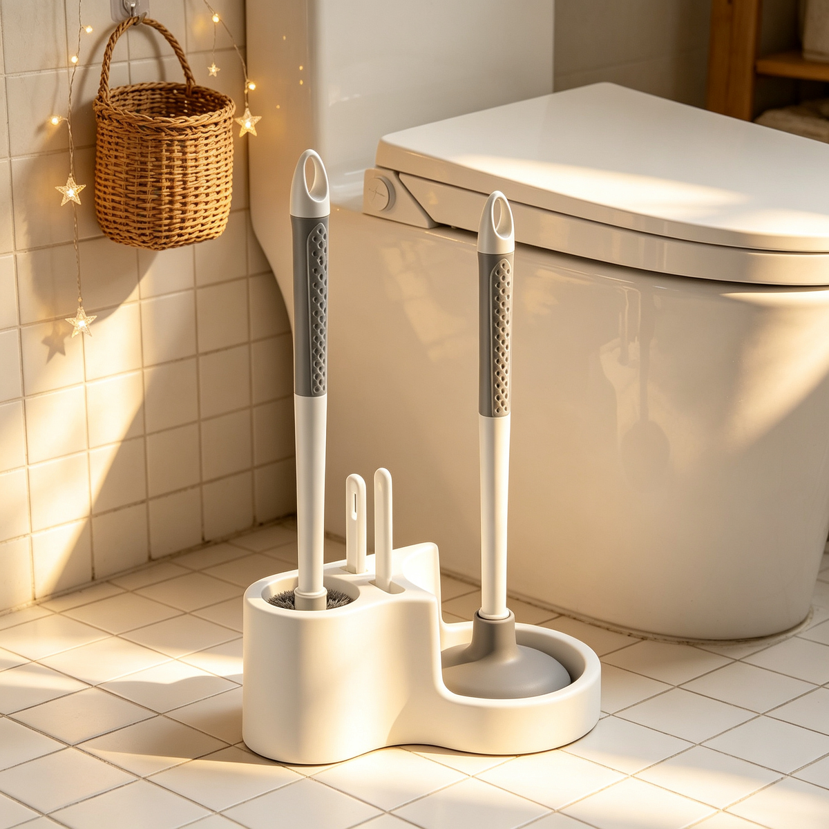 🧼 Toilet Cleaning Set | Brush & Plunger Station | Compact Bathroom Organizer