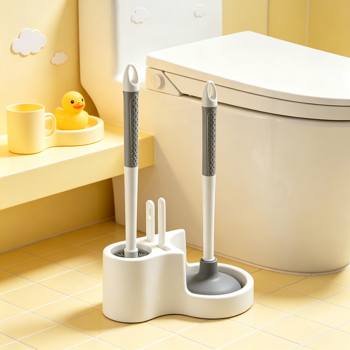 🧼 Toilet Cleaning Set | Brush & Plunger Station | Compact Bathroom Organizer